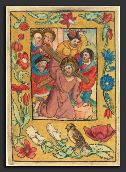 German 15th Century, Christ Bearing the Cross, c. 1500, woodcut, hand-colored in mauve, red, blue,