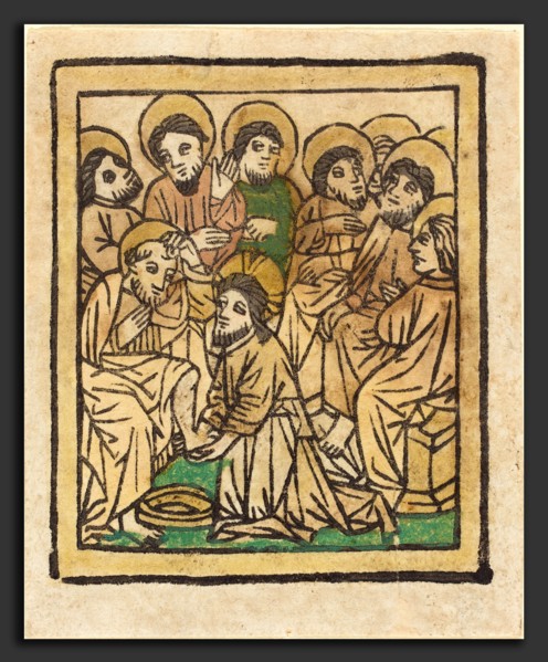 German 15th Century, Christ Washing the Apostles' Feet, c. 1490, woodcut, hand-colored in tan,
