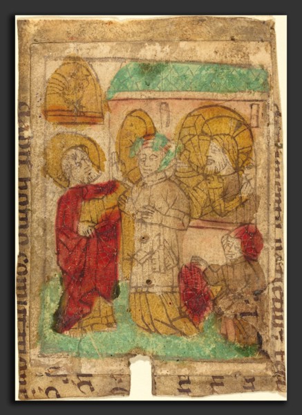 German 15th Century, The Denial of Peter, c. 1455-1465, woodcut in brown, hand-colored in red lake,
