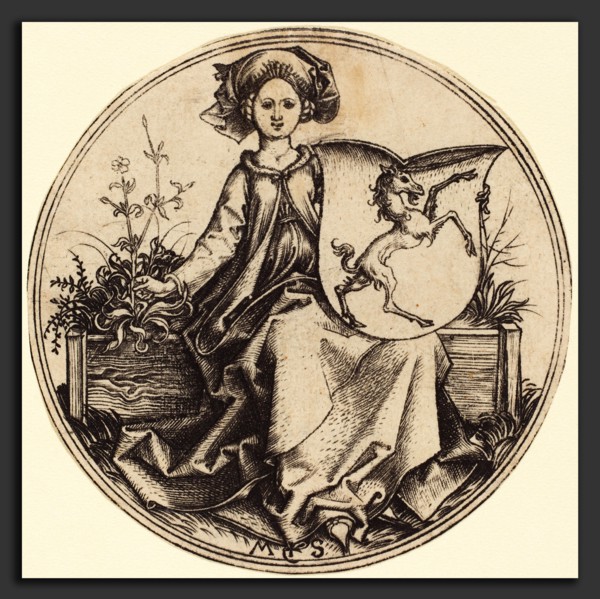 Martin Schongauer (German, c. 1450 - 1491), Shield with Unicorn, Held by Woman, c. 1480-1490,
