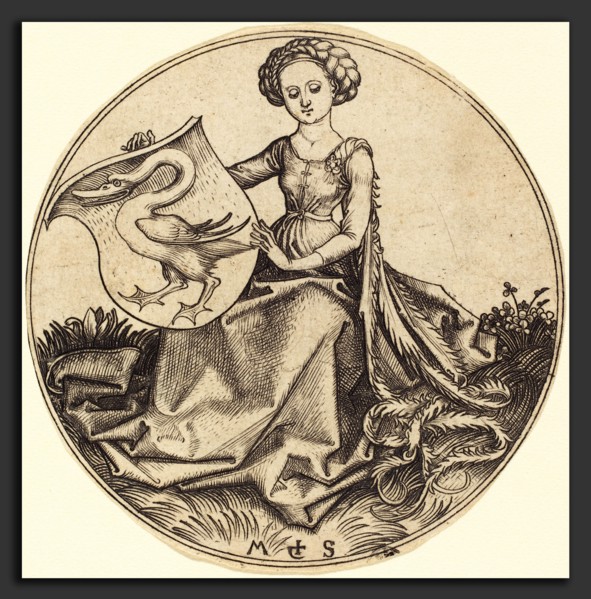 Martin Schongauer (German, c. 1450 - 1491), Shield with Swan, Held by Woman, c. 1480-1490,