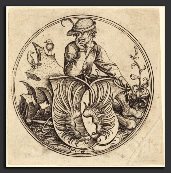 Martin Schongauer (German, c. 1450 - 1491), Shield with Wings, Held by Peasant, c. 1480-1490,