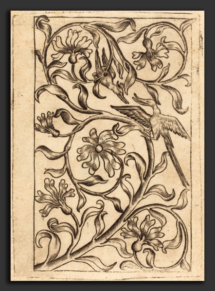 Follower of Master of the Playing Cards, Vine Ornament with Two Birds, c. 1440-1450, engraving