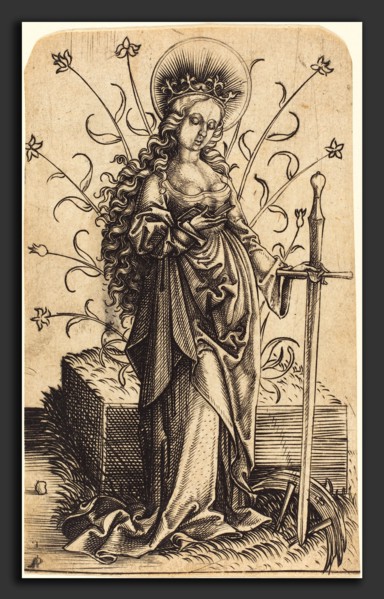 Master PW of Cologne (German, active c. 1490-1510), Saint Catherine, c. 1500, engraving on laid