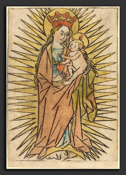 German 15th Century, The Madonna and Child with a Pear, c. 1440-1460, engraving, hand-colored in
