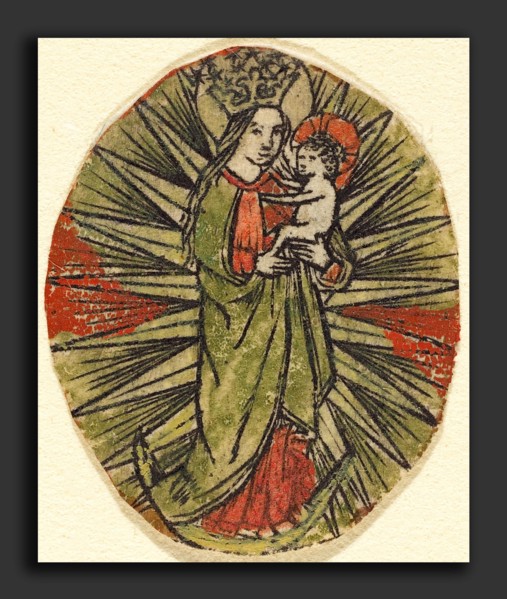 German 15th Century, Madonna and Child, c. 1450-1470, engraving, hand-colored in green and red