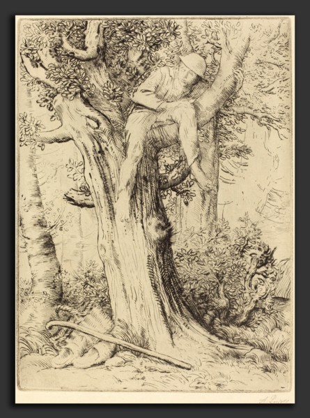 Alphonse Legros, Landscape with a Boy in a Tree (Paysage avec un garcon gimpe sur un arbre dite "Le