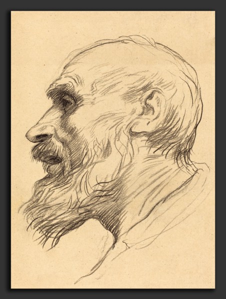 Alphonse Legros, Head of an Old Man, French, 1837 - 1911, lithograph retouched with crayon