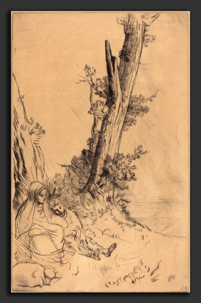 Alphonse Legros, Travelers Resting (Les voyageurs fatigues), French, 1837 - 1911, drypoint on rose
