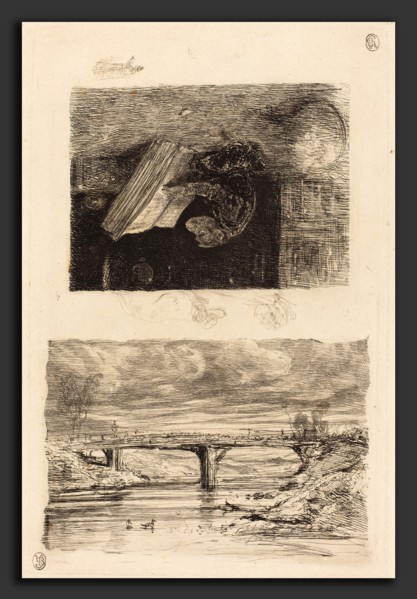 Alexandre-Gabriel Decamps (French, 1803 - 1860), River Landscape with a Bridge; Monkey Paging