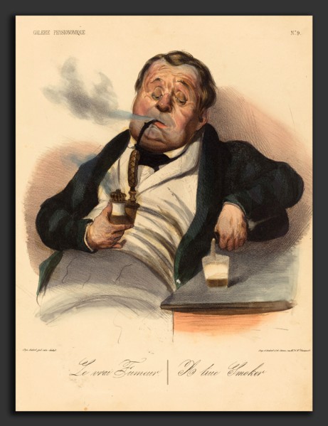 Honoré Daumier (French, 1808 - 1879), Le vrai Fumeur, 1836, hand-colored lithograph