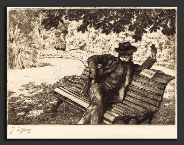 James Jacques Joseph Tissot (French, 1836 - 1902), Denoisel Reading in the Garden, 1882, etching on