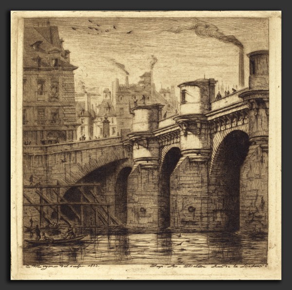 Charles Meryon (French, 1821 - 1868), Le Pont Neuf, Paris, 1853, etching on green paper