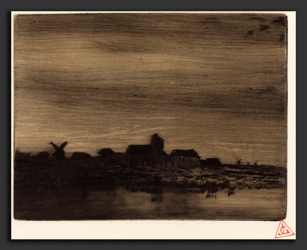 Charles Ãâmile Jacque (French, 1813 - 1894), Waterside Village, 1848, drypoint on wove paper