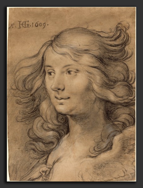 Hendrik Goltzius (Dutch, 1558 - 1617), Head of a Siren, 1609, black chalk with white heightening on