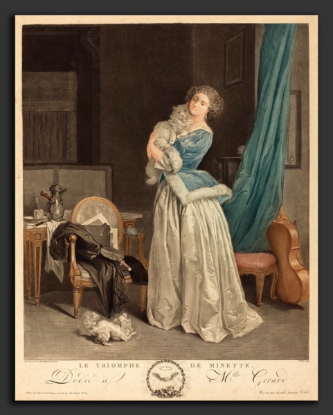 Geraud Vidal after Marguerite Gerard (French, 1742 - 1801), Le triomphe de Minette, color aquatint,