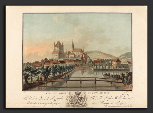 Jean-FranÃ§ois Janinet (French, 1752 - 1814), Vue de Thun du Cote du Midi, probably 1776, color
