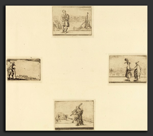 Style of Jacques Callot, Sheet of Etchings, 17th century, 4 etchings on 1 sheet of laid paper