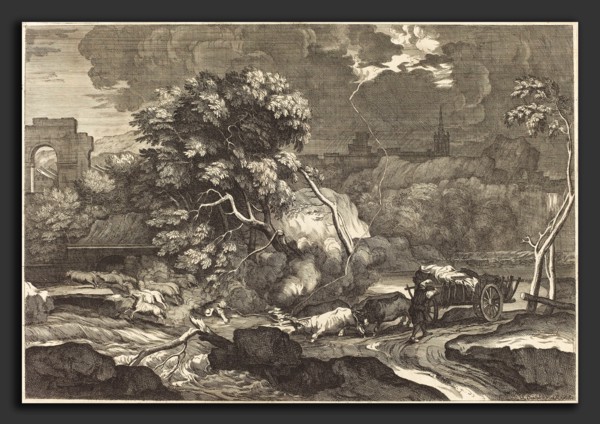 Sébastien Bourdon (French, 1616 - 1671), Landscape with a Frightened Waggoner, engraving