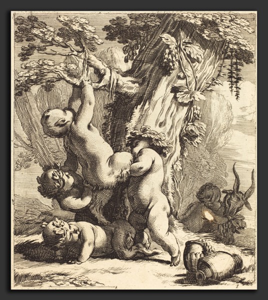 Michel Dorigny (French), Putti and Fauns Climbing a Grapevine, 1650s, etching with engraving on