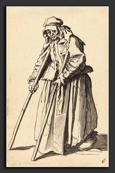 after Jacques Callot, Beggar Woman with Crutches, etching