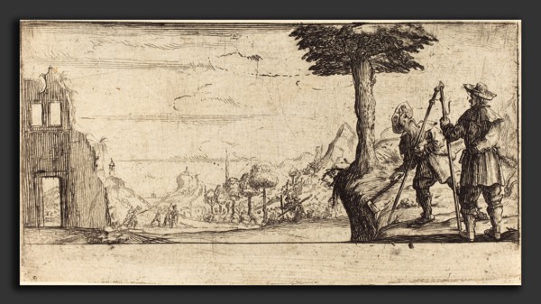after Jacques Callot, Landscape with Two Pilgrims, etching