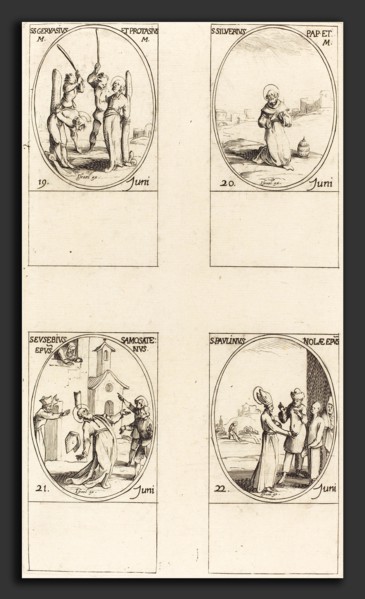 Jacques Callot (French, 1592 - 1635), Sts. Gervase & Protase; St. Silverius; St. Eusebius of