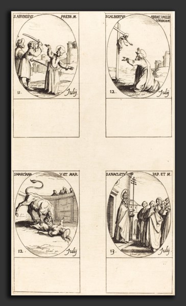 Jacques Callot (French, 1592 - 1635), St. Abundius; St. Galbertus; St. Marciana; St. Anacletus,