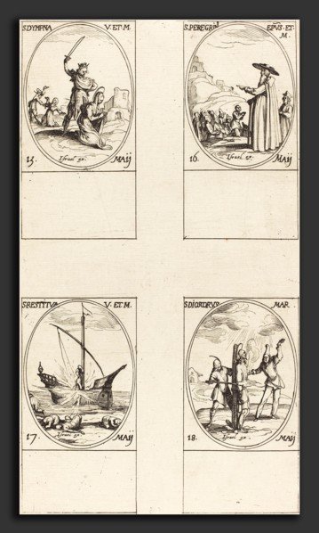Jacques Callot (French, 1592 - 1635), St. Dympna; St. Peregrinus; St. Restituta; St. Dioscorus,