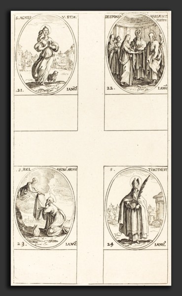 Jacques Callot (French, 1592 - 1635), St. Agnes; The Marriage of the Virgin; St. Ildefonsus; St.