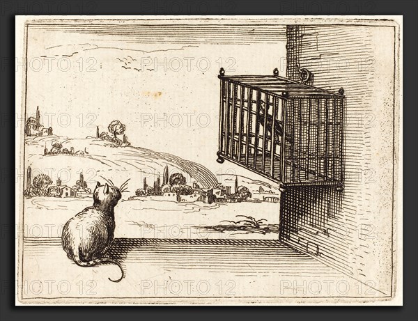 Jacques Callot (French, 1592 - 1635), Cat Watching Caged Bird, 1628, etching