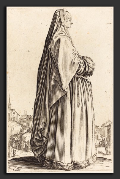 Jacques Callot (French, 1592 - 1635), Noble Woman Wearing a Veil and a Dress Trimmed in Fur, c.