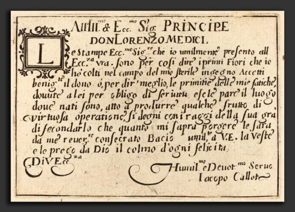 Jacques Callot (French, 1592 - 1635), Dedication to Don Lorenzo de' Medici, c. 1622, etching