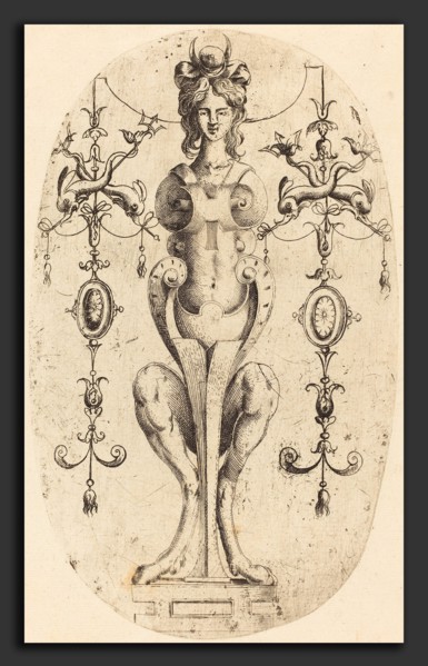Jean Mignon (French, active 1543 - active c. 1545), Sphinx Wearing a Crescent on Her Head, etching