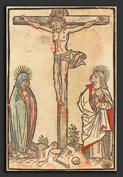 French 15th Century, Christ on the Cross, c. 1490, woodcut, hand-colored in red, light blue, and
