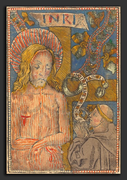 French 15th Century, The Man of Sorrows with a Franciscan, 1490-1500, woodcut, hand-colored in red,