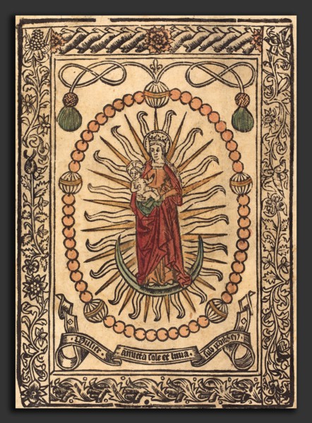French 15th Century, The Madonna and Child in a Rosary, c. 1490, woodcut, hand-colored in brown,