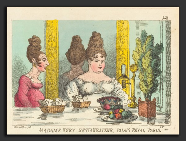 Thomas Rowlandson (British, 1756 - 1827), Madame Very Restaurateur, Palais Royal Paris, 1814,