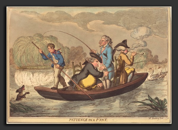 Thomas Rowlandson (British, 1756 - 1827), Patience in a Punt, 1811, hand-colored etching