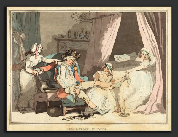 Thomas Rowlandson (British, 1756 - 1827), Four O'Clock in Town, 1788, hand-colored etching and