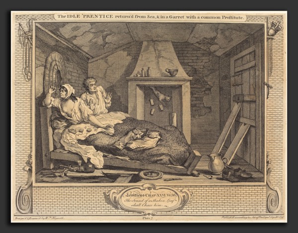 William Hogarth (English, 1697 - 1764), The Idle 'Prentice return'd from Sea & in a Garret with a