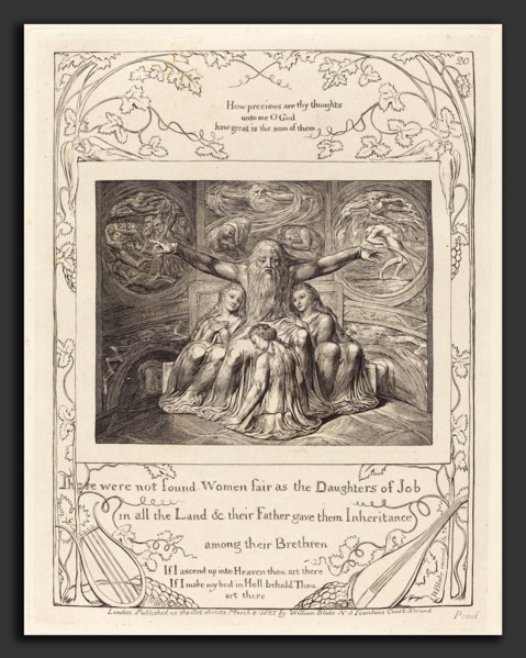 William Blake (British, 1757 - 1827), Job and His Daughters, 1825, engraving on India paper