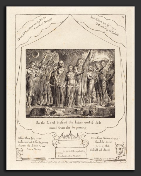 William Blake (British, 1757 - 1827), Job and His Wife Restored to Prosperity, 1825, engraving on