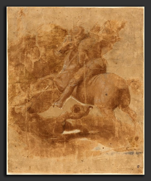 Raphael (Italian, 1483 - 1520), Saint George and the Dragon, brush and brown ink heightened with