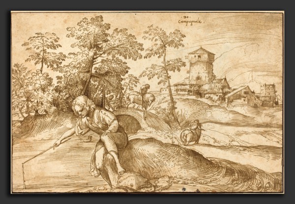 Domenico Campagnola (Italian, before 1500 - 1564), Landscape with a Boy Fishing, c. 1520, pen and