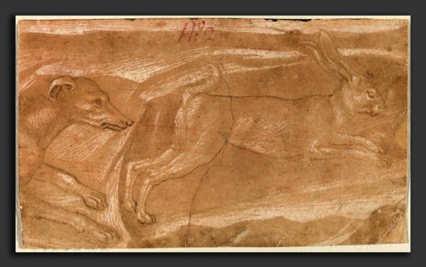 Benozzo Gozzoli (Italian, c. 1421 - 1497), A Hound Chasing a Hare, c. 1455, pen and brown ink with
