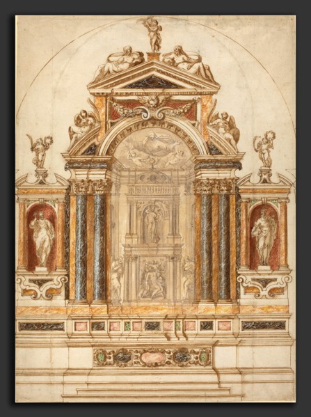 Italian 17th Century, An Elaborate Altar of Colored Marble Ornamented with Sculptures, 1600s, pen