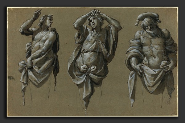 Giovanni Mauro della Rovere (Italian, 1575 - 1640), Three Herms, pen and black ink with gray wash