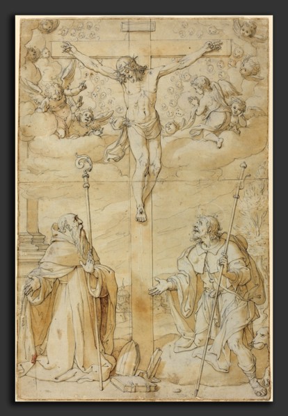 Filippo Bellini (Italian, 1550-1555 - 1604), The Crucifixion with Saints Roch and Augustine, pen