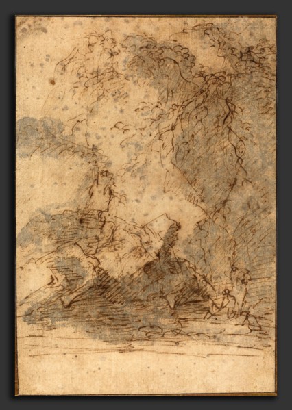 Salvator Rosa (Italian, 1615 - 1673), Landscape, mid 1660s, pen and brown ink with gray wash on